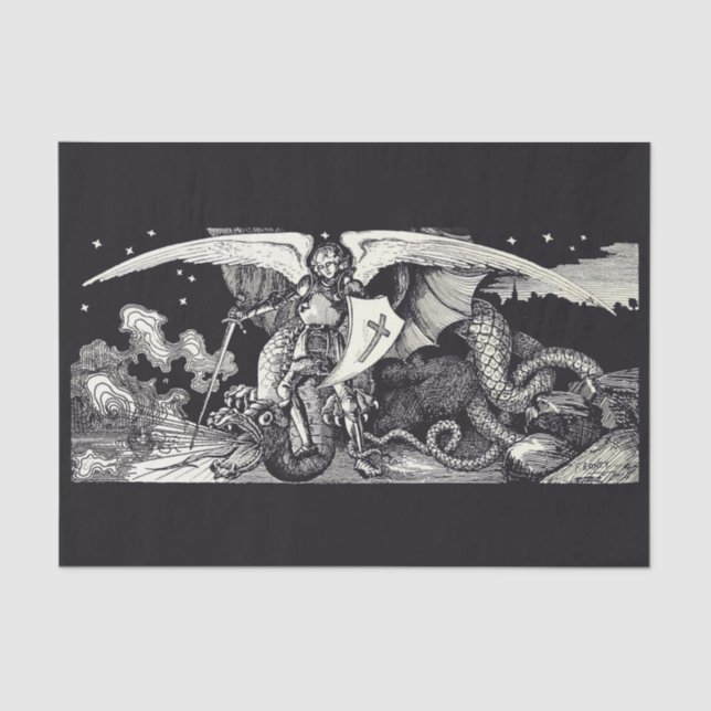 De Seda Cavaleiro Medieval e Dragão B W Papel Tecido (Frente )