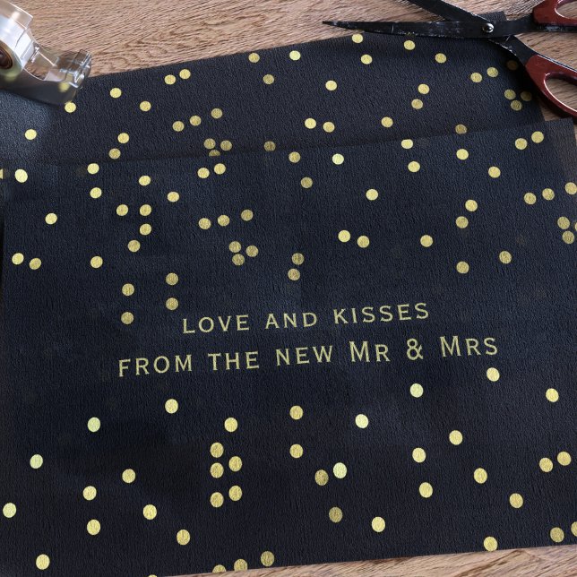 De Seda Confetti Preto e Dourado Obrigado Papel Tecidual (Faux gold confetti sprinkles on black tissue paper with space for a short message.)