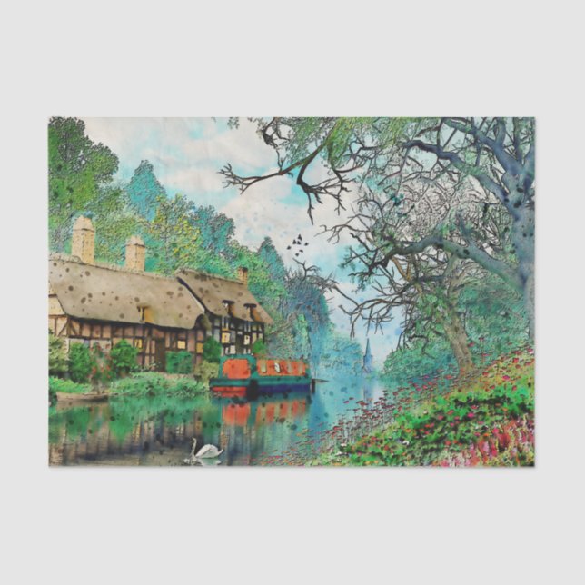 De Seda Decoupage da Cena Paisagem, Papel Tecidual (Frente )