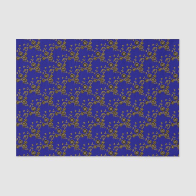 De Seda Estilo Floral 1, PAPEL Azul-Dourado-2-TECIDOS (Frente )