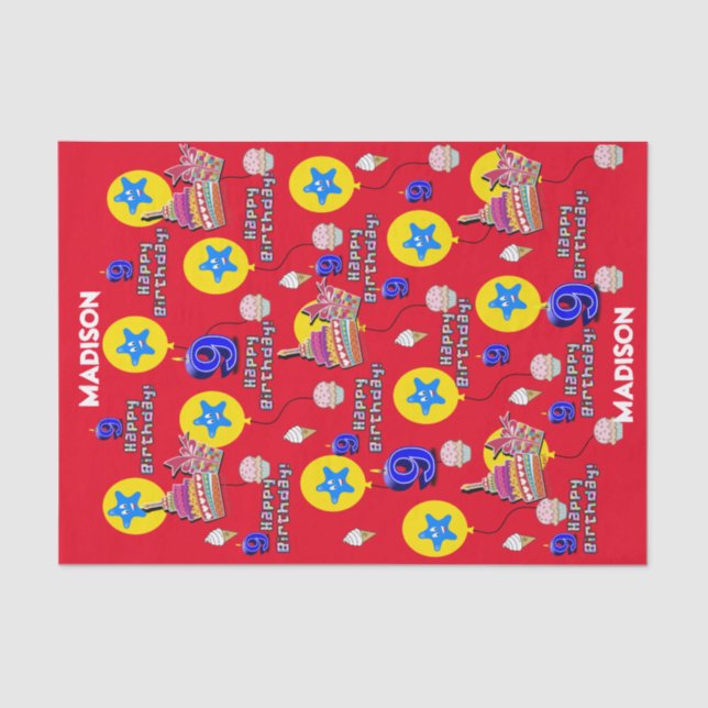 De Seda Feliz 9.º Aniversário Papel Tecido #9 Vermelho (Frente )