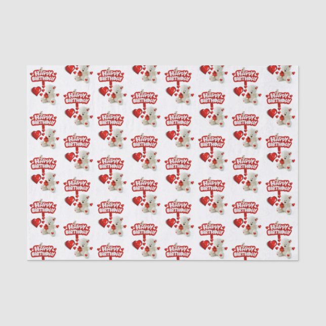 De Seda Feliz Aniversário Papel Tecido Branco Urso Branco (Frente )