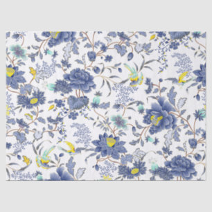 De Seda Flores Azuis Papel Tecido Pássaros Amarelos
