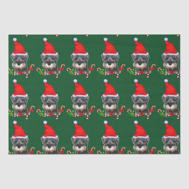 De Seda Miniatura Schnauzer em Santa Hat Papel Tecido (Frente )