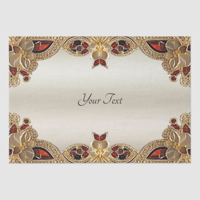 De Seda Ouro Flores Papel Tecido Gemstone Vermelho (Frente )