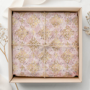 De Seda Papel Decoupage com Escrita à Mão em Dourado Rosa