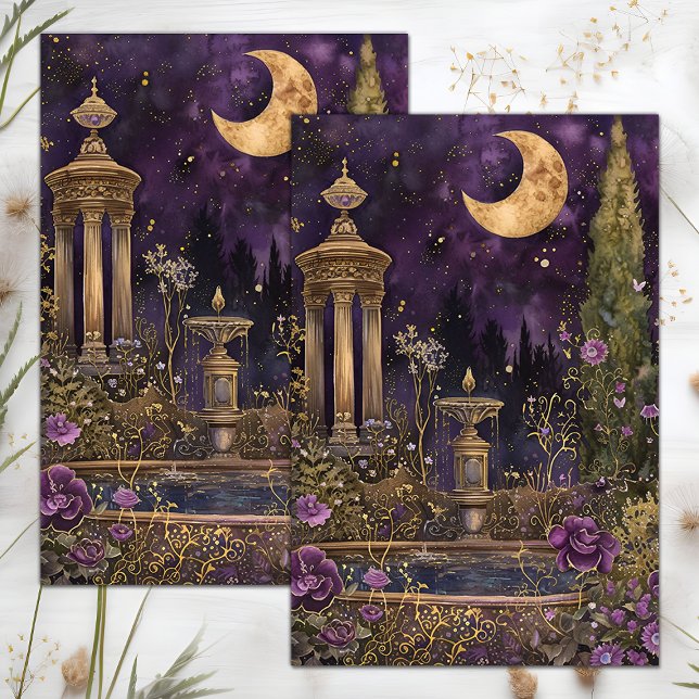 DE SEDA PAPEL DECOUPAGE CRESCENTE LUA ROXO JARDIM (CRESCENT MOON PURPLE GARDEN DECOUPAGE TISSUE PAPER)
