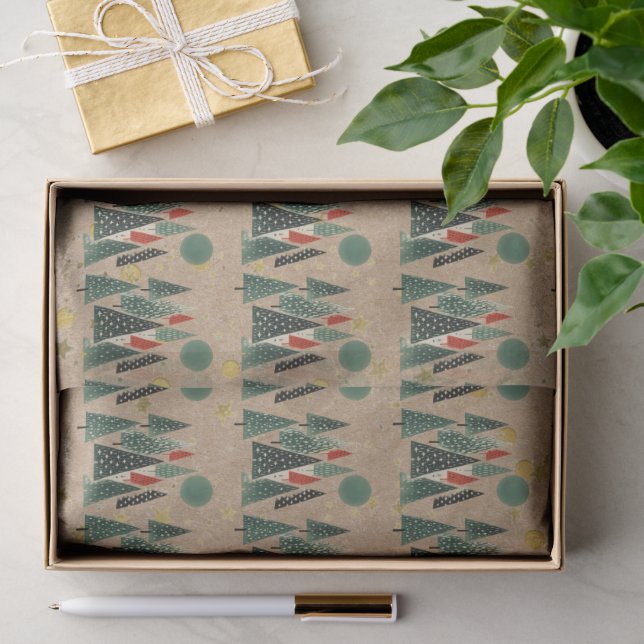De Seda Papel Kraft Árvores Verdes Estrelas Douradas Tissu (Presente)