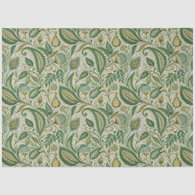 De Seda Papel Paisley Creme Verde Salvia (Frente )