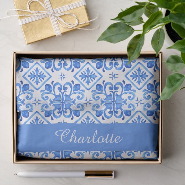 De Seda Papel Tecido com Estampa Toile Francesa Azul (Presente)