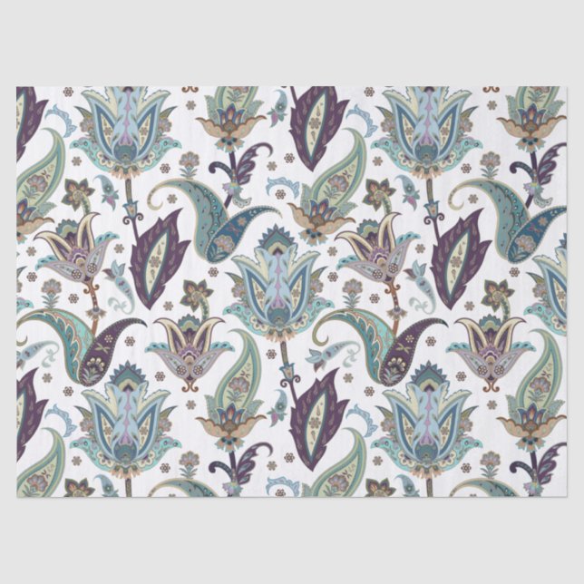 De Seda Papel Tecido com Flores Azuis Paisley (Frente )