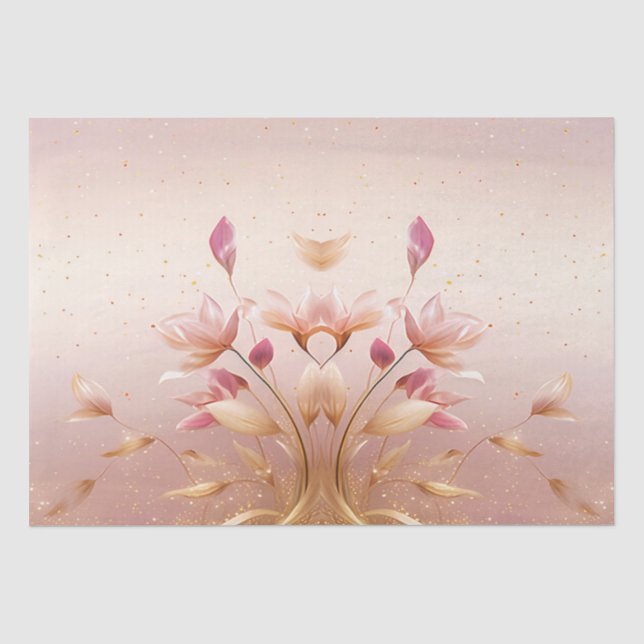 De Seda Papel Tecido Floral Folhas Douradas Rosa (Frente )