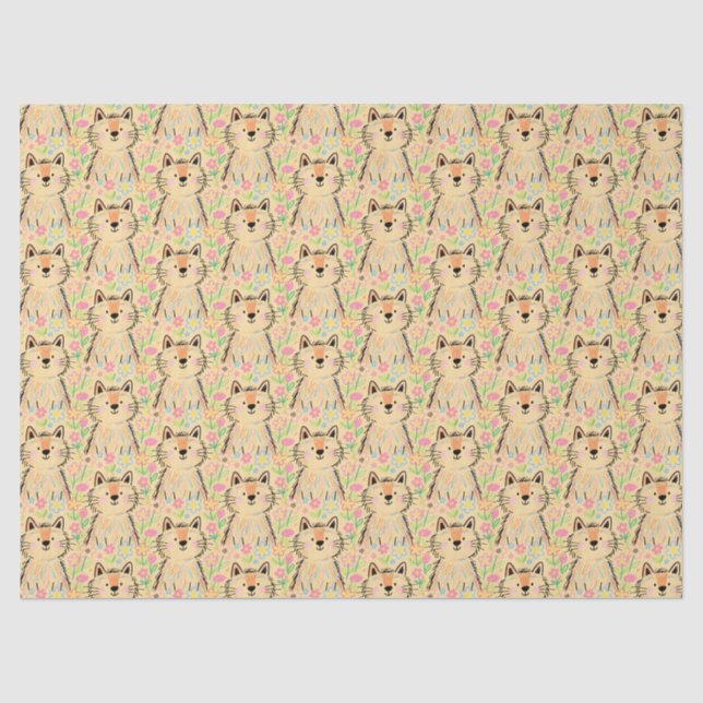 De Seda Papel Tecido Gato Rabisco Amarelo Creme Macio (Frente )