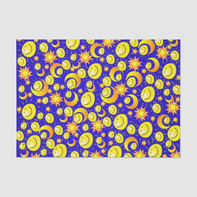De Seda Papel Tecido Lua Sol Amarelo Estrelas Azul (Frente )