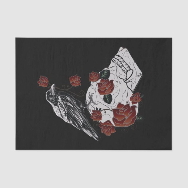 De Seda Papel Tecido Raven, Crânio e Rosas (Frente )