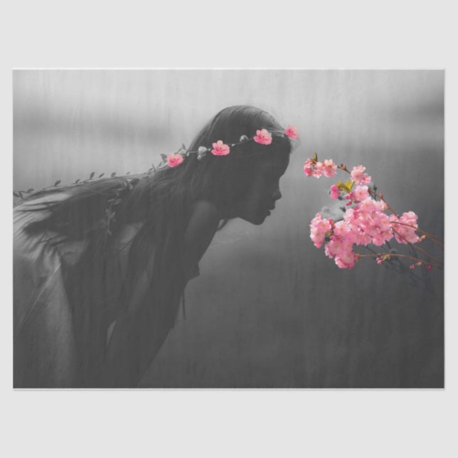 De Seda Papel tecidular com jovem moça e flores (Frente )