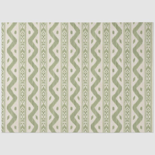 De Seda Papel Tissue Ikat Verde e Creme, Listra Tecida (Frente )
