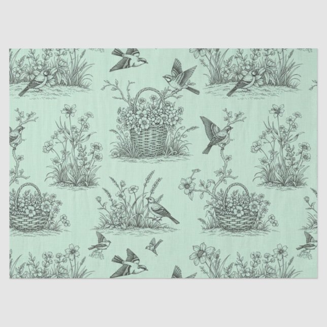 De Seda Papel Toile Pastoral Verde Menta com Pássaros e Fl (Frente )