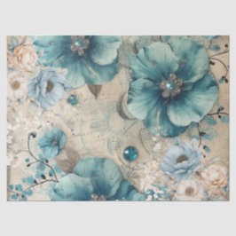De Seda Pastel Teal & Blue Watercolor Floral Papel Tecido