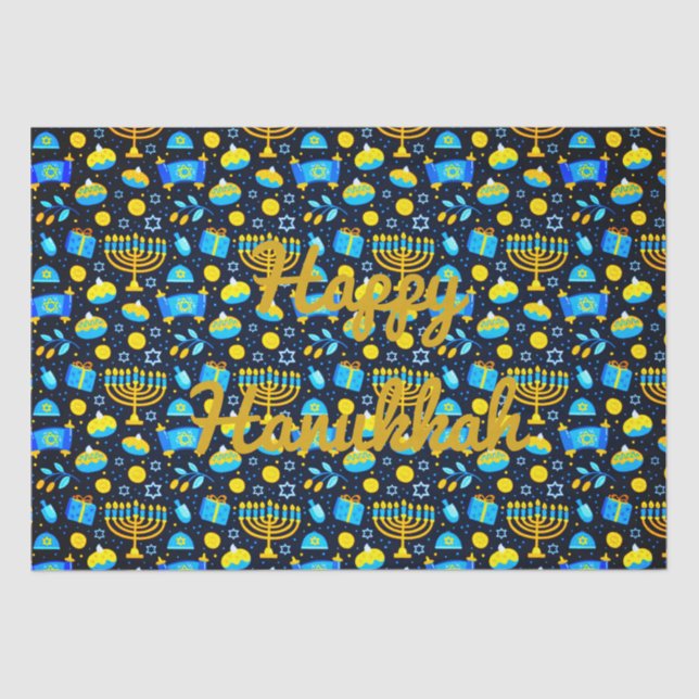De Seda Personalize o papel Dourado azul HANUKKAH (Frente )