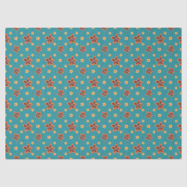 De Seda Retro Floral e Polkas no Papel Tecido Teal (Frente )