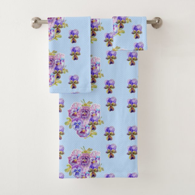 De Toalhas chique Azul Pansy Floral Bolinhas Conjunto (Insitu)