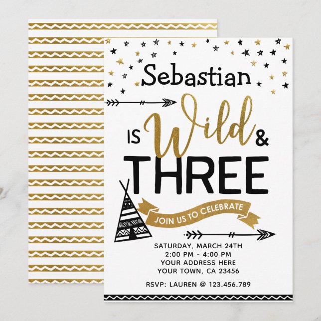 De três aniversários convite selvagem e (Frente/Verso)