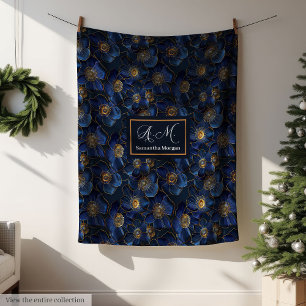 De Velo Cobertor Azul Royal com Flores Douradas Modernas M
