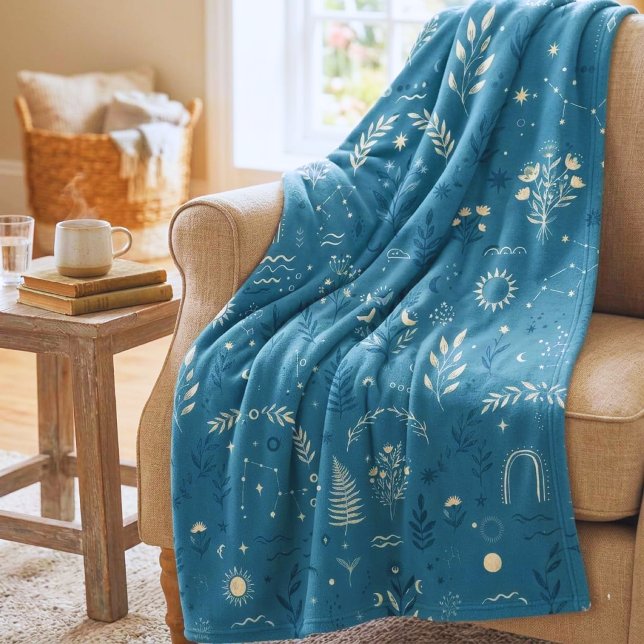 De Velo Cobertor Boho Celestial Botânico Azul Poeirento Ac (Trendy whimsical celestial fleece blanket. Perfect cozy dusty blue throw for family couch nights!)