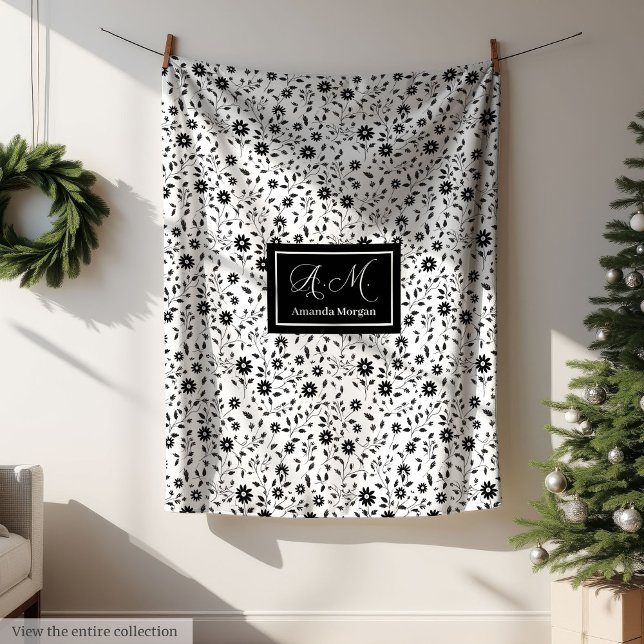 De Velo Cobertor Decorativo Personalizado Preto Branco Flo (Custom Decorative Blanket Black White Wildflowers )