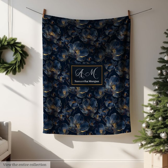 De Velo Cobertor Navy Personalizado Chic Flores Douradas P (Personalized Navy Blanket Chic Gold Flower Gift)
