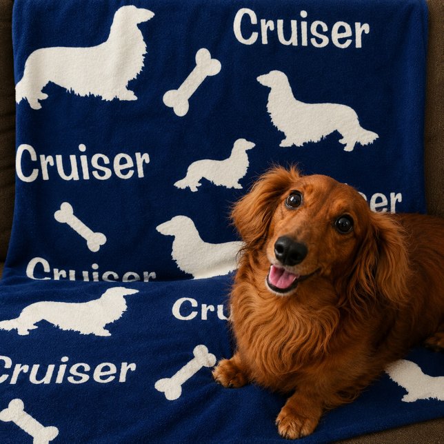 De Velo Cobertor Personalizado Azul Marinho para Dachshund (long hair doxie blanket)