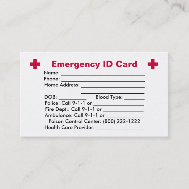 De Visita Cartão da identificação da emergência (Frente)