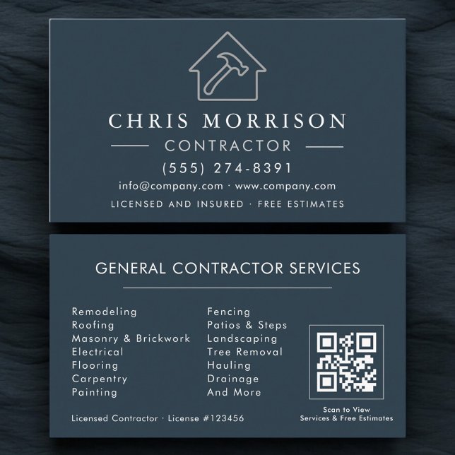 De Visita Cartão QR Code Azul Prata Construção Geral (Criador carregado)