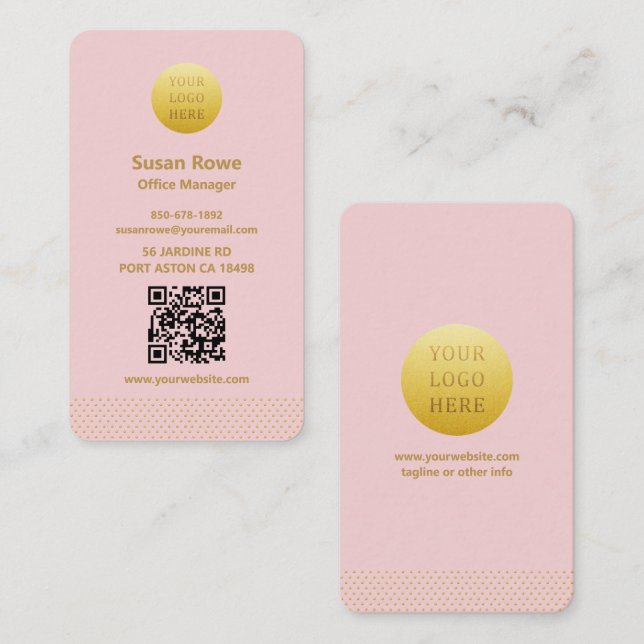 De Visita Cartão QR Code com Pontos Rosa e Dourado Minimalis (Frente/Verso)