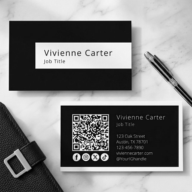 De Visita Cartão QR Code Mínimo Preto e Branco para Redes So (Minimalist Simple Black White Social Media QR Code Business Card)