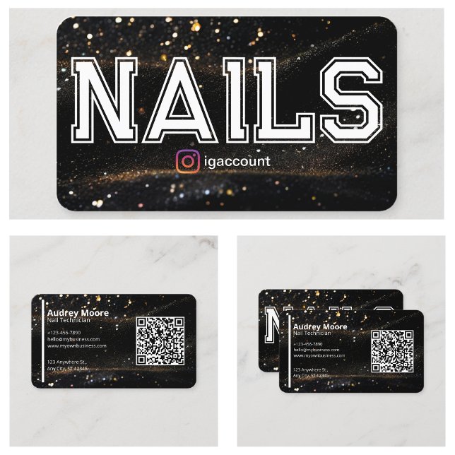 De Visita Cartão QR Code Preto Dourado Profissional para Téc (QR Code Black Gold Professional Nail Tech Business Card
)