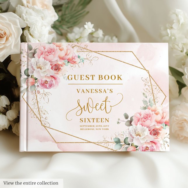 De Visitas Chic Pastel Pink Dourado Peonies Doce 16 Livro Con (Chic Pastel Pink Gold Peonies Sweet 16 Guest Book)