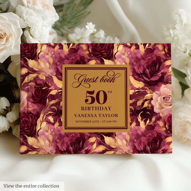 De Visitas Elegante burgundy blush gold rosa 50º livro convid (Elegant Boho Burgundy Gold Floral 50th Guest Book)