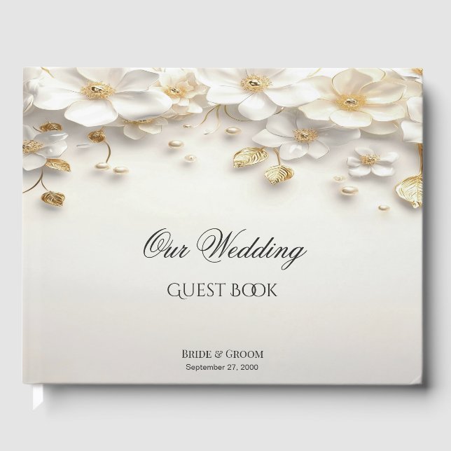 De Visitas Ivory White Floral Dourada Deixa o livro convidado (Frente)