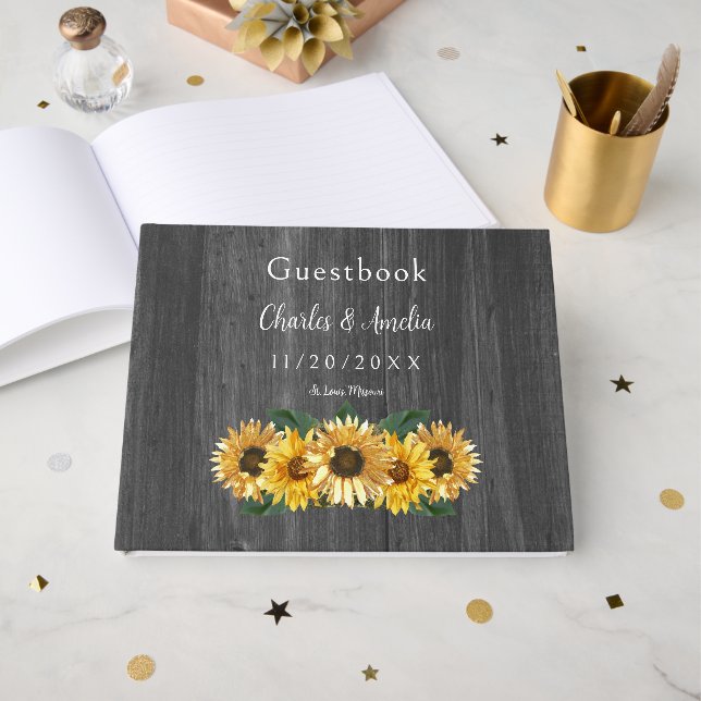 De Visitas Livro Convidado Rustic Weathered Sunflower (Frente aberta)