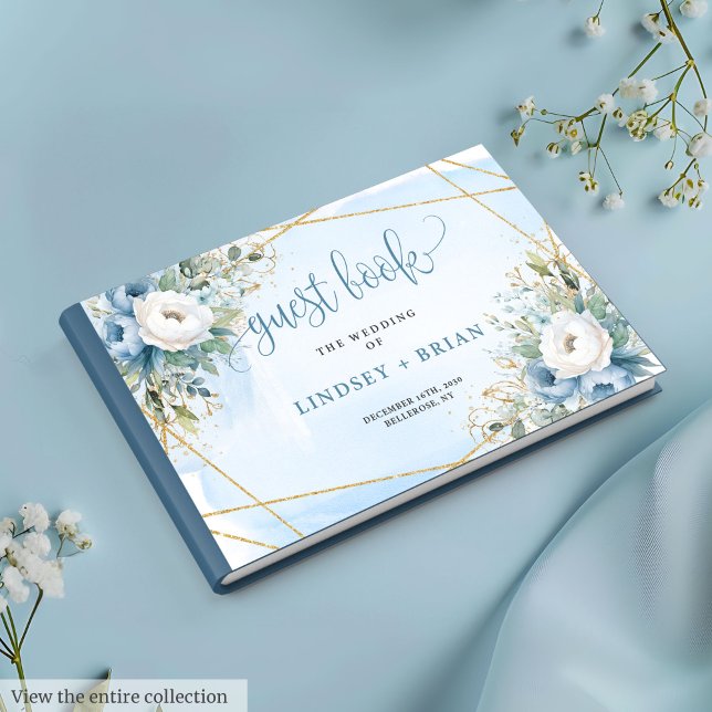 De Visitas Livro Dourado Floral  Azul Pastel Azul Azul (Glamorous Pastel Blue White Gold Floral Guest Book)