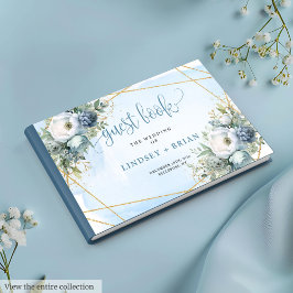 De Visitas Livro Dourado Floral Branco Azul Pastel Azul Elega