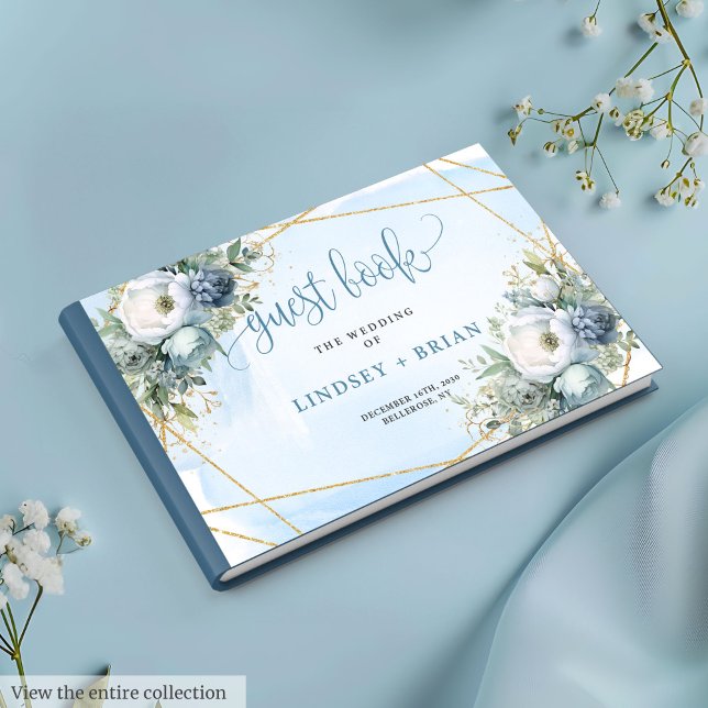 De Visitas Livro Dourado Floral Branco Azul Pastel Azul Elega (Elegant Pastel Blue White Gold Floral Guest Book)