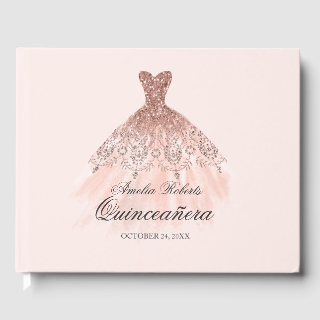 De Visitas Rosa Dourado Sparkle Dress Quinceanera Livro Convi (Frente)
