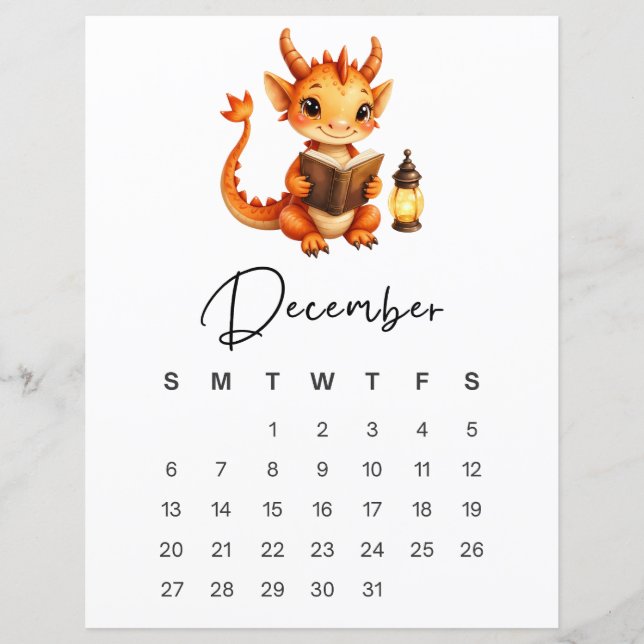 December Baby Dragon Art Print Whimsical Calendar  (Frente)