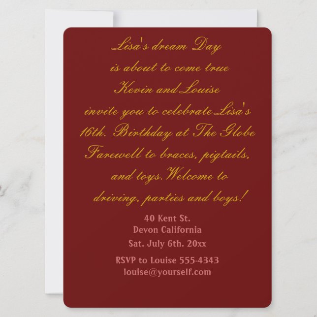 Décimo sexto convite de aniversário. (Frente)