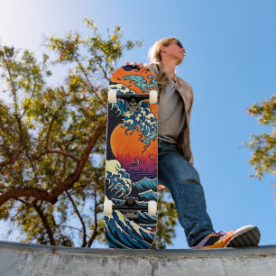 Deck de Skate Arte Onda Japonesa Rétro Pôr do Sol