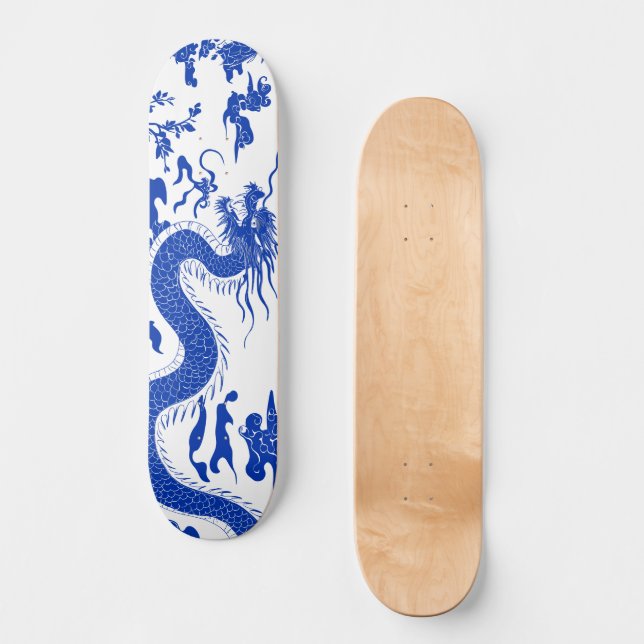 Deck de Skate Dragão de Porcelana Chinesa, Azul e  (Frente)