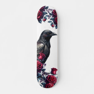 Deck de Skate Preto de Corvo e Rosas Vermelhas Úni